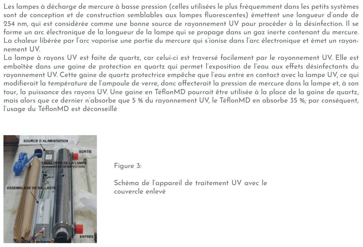 fonctionnement_uv.png – Appareil de traitement UV avec couvercle enlevé, montrant lampe, ballast et raccords